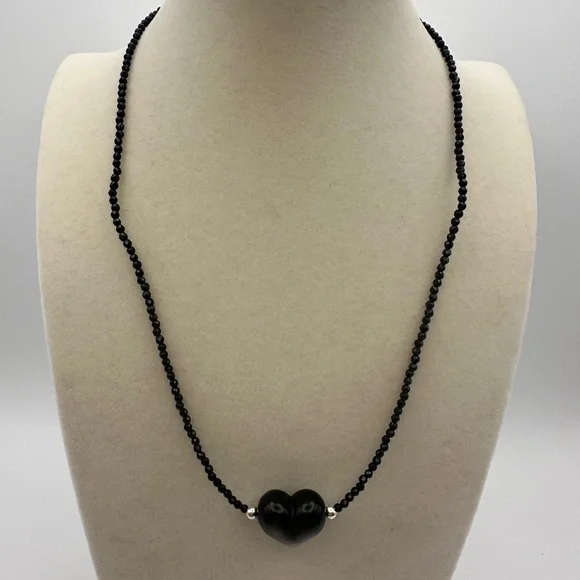 Silver Sheen Obsidian Heart Pendant Beaded Necklace - Picture 4 of 8